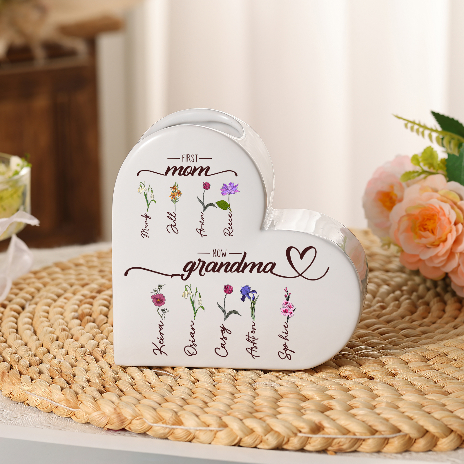 Personalized Heart-Shaped Ceramic Vase First Mom, Now Grandma Custom with 2–10 Birth Flowers and Names