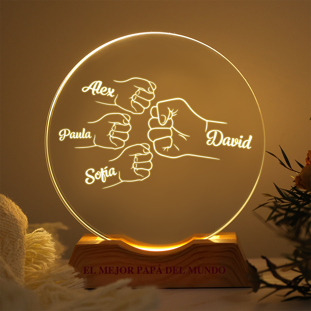 Luz nocturna LED de cristal personalizada para papá, con 1 a 6 nombres y motivo de puño chocando