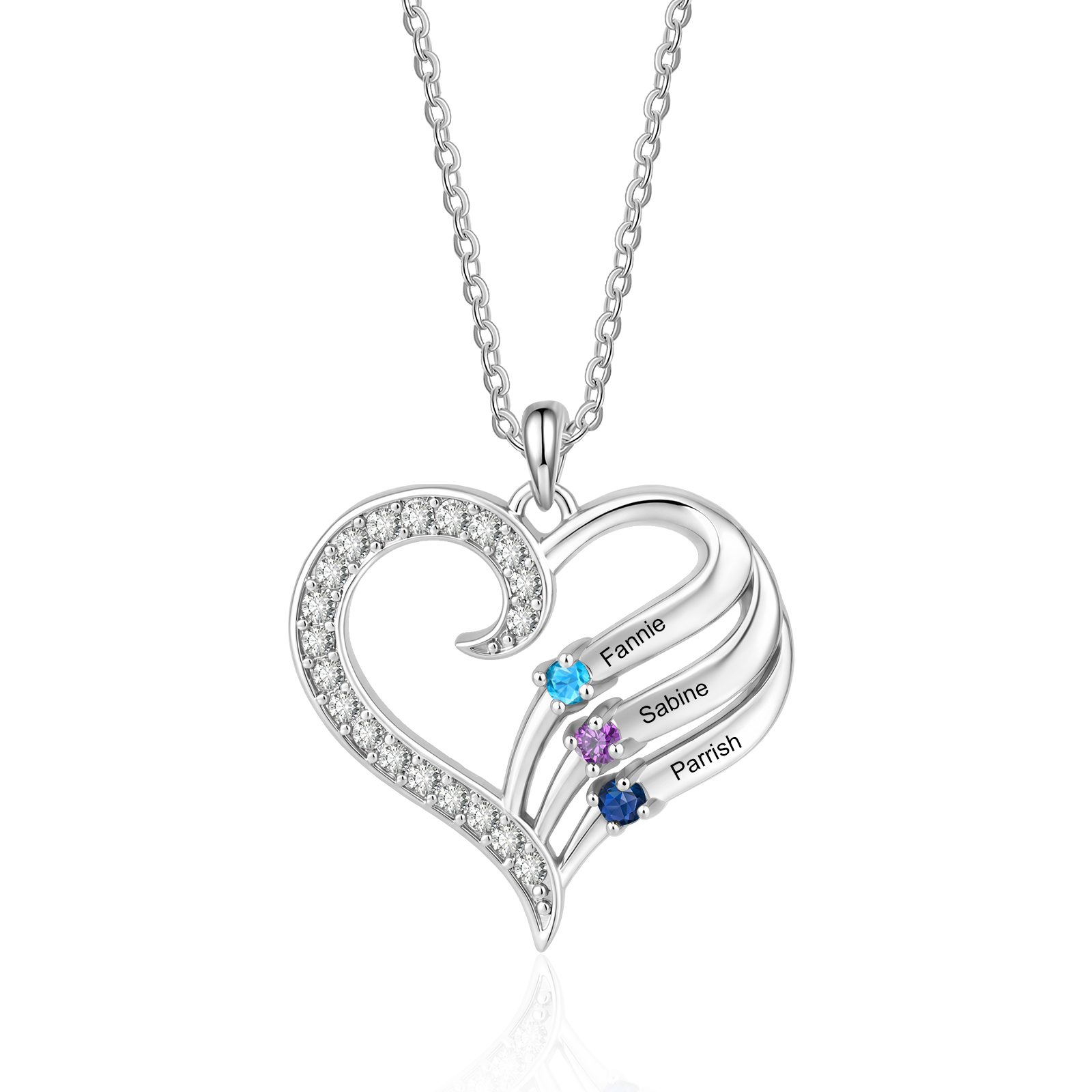 Personalized Heart Necklace with Birthstones, Customized with 2–4 Family Names