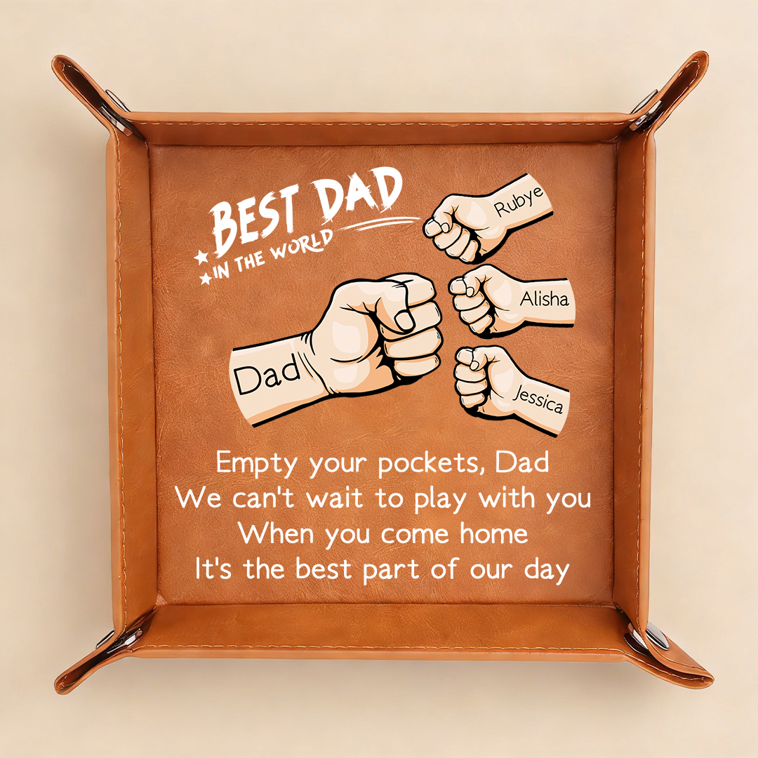Personalized Leather Tray Best Dad Ever Custom With 1–6 Names And Fist Bump Design